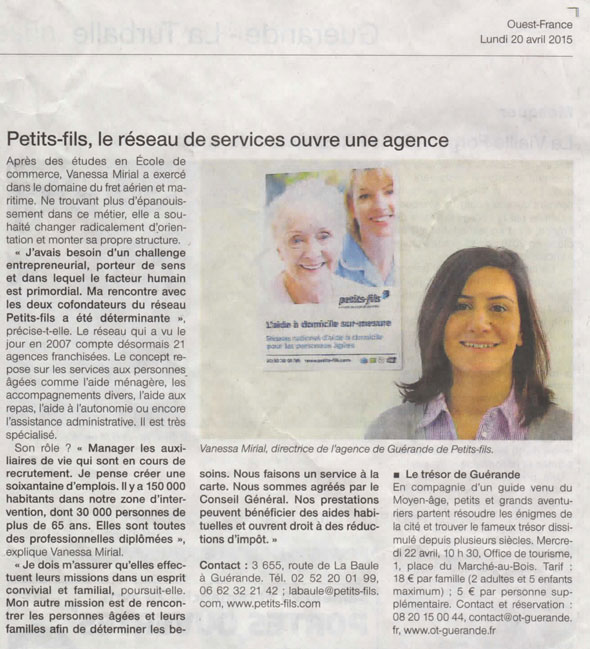 Article Ouest-France - Petits-fils, spécialiste de l'aide à domicile pour personnes âgées, ouvre une agence à La Baule